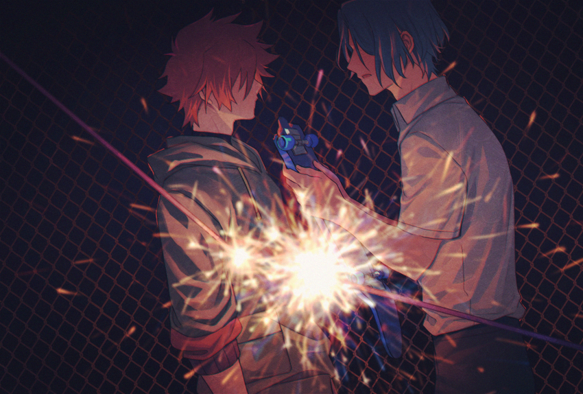 2boys black_pants blue_hair chain-link_fence collared_shirt commentary fence fireworks hair_over_eyes hasegawa_langa highres holding holding_skateboard kyan_reki lalatia-meai looking_at_another male_focus multiple_boys open_mouth pants red_hair shirt short_hair sk8_the_infinity skateboard sparkler white_shirt