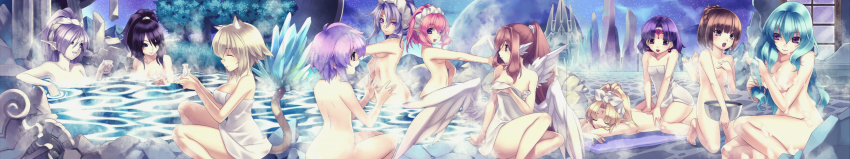 6+girls absurdres agarest_senki agarest_senki_(series) agarest_senki_2 aina_(agarest_senki) alcohol angel_wings animal_ears aqua_hair black_eyes black_hair blonde_hair breasts brown_eyes brown_hair cat_ears cat_girl cat_tail earrings elf eva_(agarest_senki) facial_mark felenne_(agarest_senki) fiona_(agarest_senki) game_cg highres hirano_katsuyuki jewelry kneeling liel_(agarest_senki) long_hair long_image lying massage medium_breasts mervina_(agarest_senki) multiple_girls naked_towel navel nude official_art on_stomach onsen pink_hair pointy_ears purple_eyes purple_hair ri_ra_rua sake short_hair sitting small_breasts soap_bubbles sophia_(agarest_senki) steam stitched tail third-party_edit towel vanessa_(agarest_senki) victoria_(agarest_senki) water wide_image wings yumil_(agarest_senki)