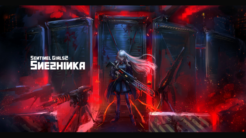 1girl alternate_hair_color backlighting bags_under_eyes bandaged_head bandages barricade black_boots black_coat black_pantyhose black_shirt black_skirt blood blood_on_wall boots coat collared_shirt commentary_request copyright_name floating_hair gun highres holding holding_gun holding_weapon letterboxed light_particles long_hair long_sleeves looking_at_viewer machine_gun marfusha_(sentinel_girls) open_clothes open_coat osakana_(denpa_yun&#039;yun) pantyhose railgun red_light roadblock sentinel_girls serious shirt skirt solo standing weapon white_hair wide_shot