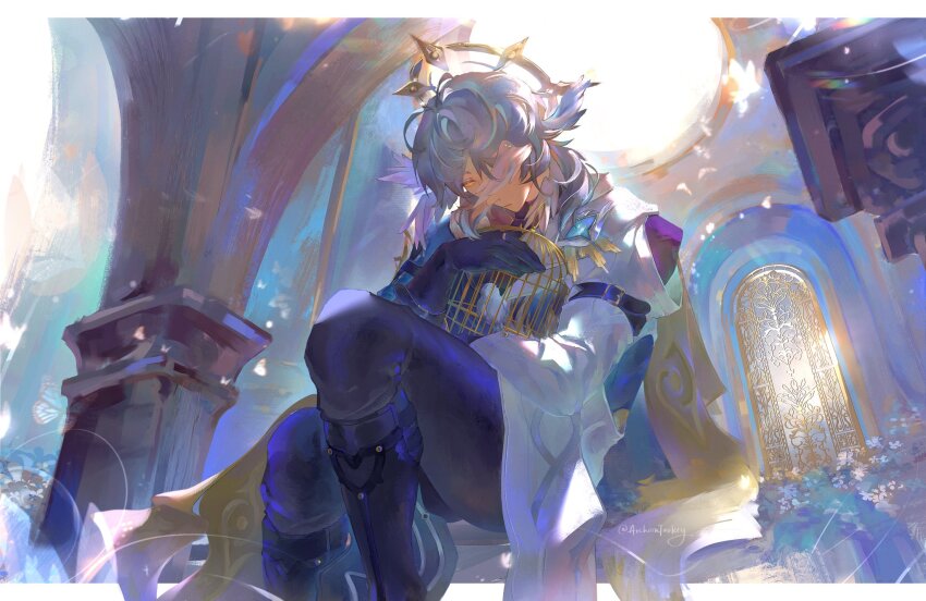 1boy archionturkey backlighting birdcage black_boots black_gloves boots cage clothing_cutout column dappled_sunlight feet_out_of_frame gloves halo halo_behind_head highres holding holding_cage honkai:_star_rail honkai_(series) hugging_object indoors jacket knee_boots knee_up lens_flare letterboxed light_particles long_hair looking_at_viewer male_focus one_eye_covered outside_border pillar purple_shirt scenery serious shirt shoulder_belt shoulder_cutout sitting solo sunday_(honkai:_star_rail) sunlight white_hair white_jacket yellow_eyes