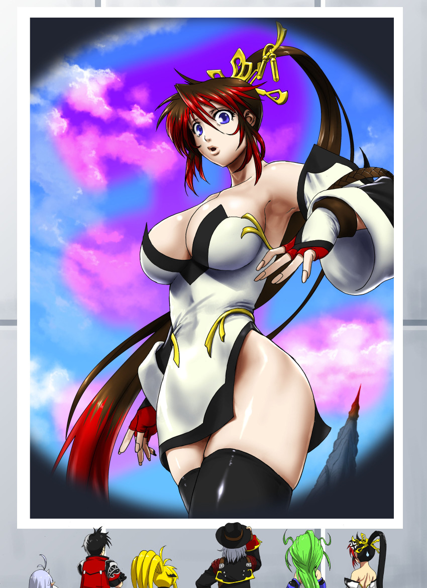 2boys 4girls absurdres arisu_reiji armpits aschen_brodel banpresto black_hair black_thighhighs breasts cleavage detached_sleeves fingerless_gloves gloves harken_browning highres kazue large_breasts long_hair multicolored_hair multiple_boys multiple_girls nanbu_kaguya ponytail red_hair super_robot_wars super_robot_wars_og_saga_mugen_no_frontier suzuka_hime thighhighs two-tone_hair very_long_hair xiaomu