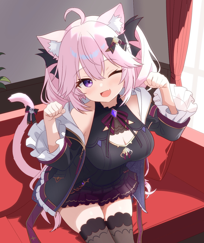 1girl ahoge animal_ears bare_shoulders black_jacket black_shirt bow bowtie breasts brown_thighhighs cat_ears cat_girl cat_tail cleavage cleavage_cutout clothing_cutout commission couch hands_up highres indie_virtual_youtuber jacket large_breasts long_hair long_sleeves looking_at_viewer miniskirt nyatasha_nyanners nyatasha_nyanners_(6th_costume) off_shoulder official_alternate_costume on_couch one_eye_closed open_clothes open_jacket open_mouth paw_pose pink_hair purple_eyes purple_skirt shirt sitting skeb_commission skirt sleeveless sleeveless_shirt smile solo tail thighhighs thighs very_long_hair virtual_youtuber yohan_yojohan zettai_ryouiki