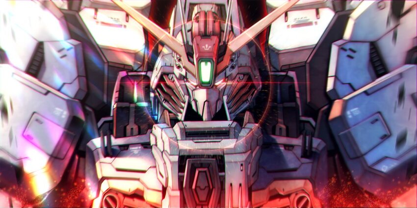 commentary_request ex-s_gundam glowing glowing_eyes gundam gundam_sentinel light_particles looking_at_viewer mecha mecha_focus mobile_suit no_humans red_eyes robot science_fiction solo straight-on upper_body v-fin wasabi_(payan)