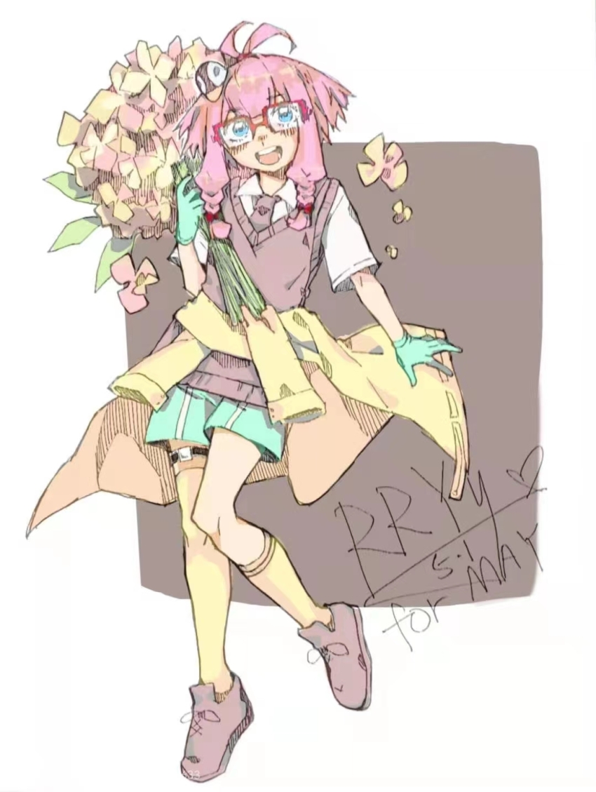 1girl arknights artist_name asymmetrical_legwear blue_eyes blush bouquet bow brown_background brown_footwear brown_necktie brown_vest clothes_around_waist commentary_request flower glasses gloves green_gloves green_shorts hair_bow hat highres holding holding_bouquet jacket jacket_around_waist looking_at_viewer may_(arknights) mismatched_legwear necktie open_mouth penguin_hat pink_hair red-framed_eyewear red_bow rryy semi-rimless_eyewear shirt shorts socks solo teeth thigh_strap thighhighs two-tone_background upper_teeth_only vest white_background white_shirt yellow_flower yellow_socks yellow_thighhighs