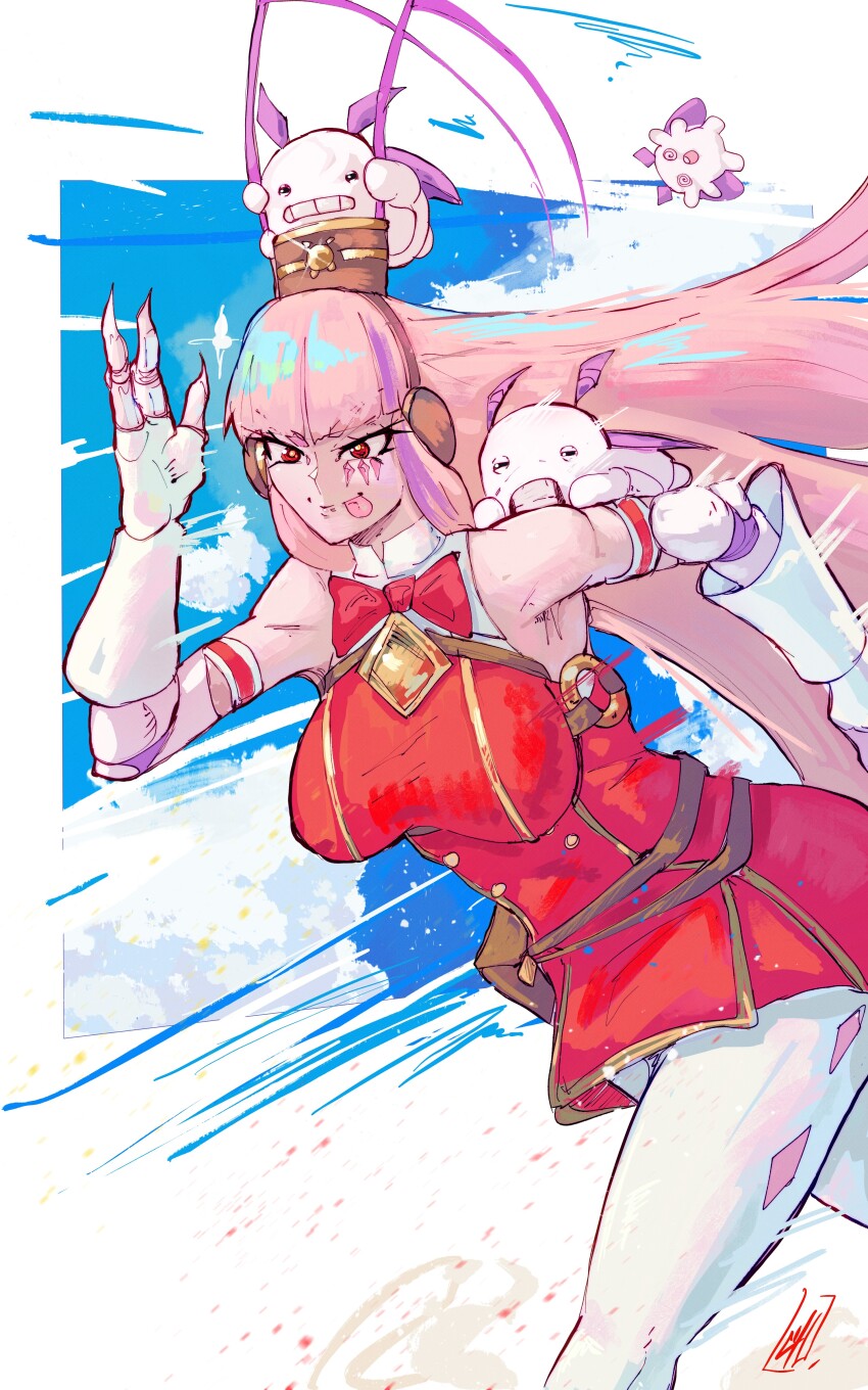 1girl absurdres antenna_hair arthropod_girl boutsoftheblind breasts closed_mouth cockroach_girl cosplay dress gloves gold_ship_(red_strife)_(umamusume) gold_ship_(umamusume) gold_ship_(umamusume)_(cosplay) highres indie_virtual_youtuber large_breasts long_hair matara_kan momo_(matara_kan) monster_girl pantyhose pink_hair red_dress red_eyes solo tongue tongue_out umamusume very_long_hair virtual_youtuber white_gloves white_pantyhose