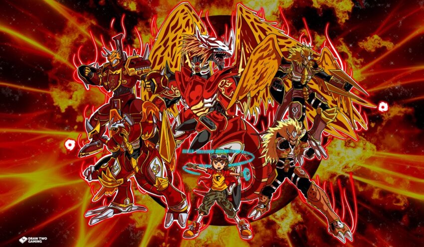 agnimon aldamon ancientgreymon armor blonde_hair digimon digimon_(creature) horns kaisergreymon kanbara_takuya sword tail vritramon weapon wings