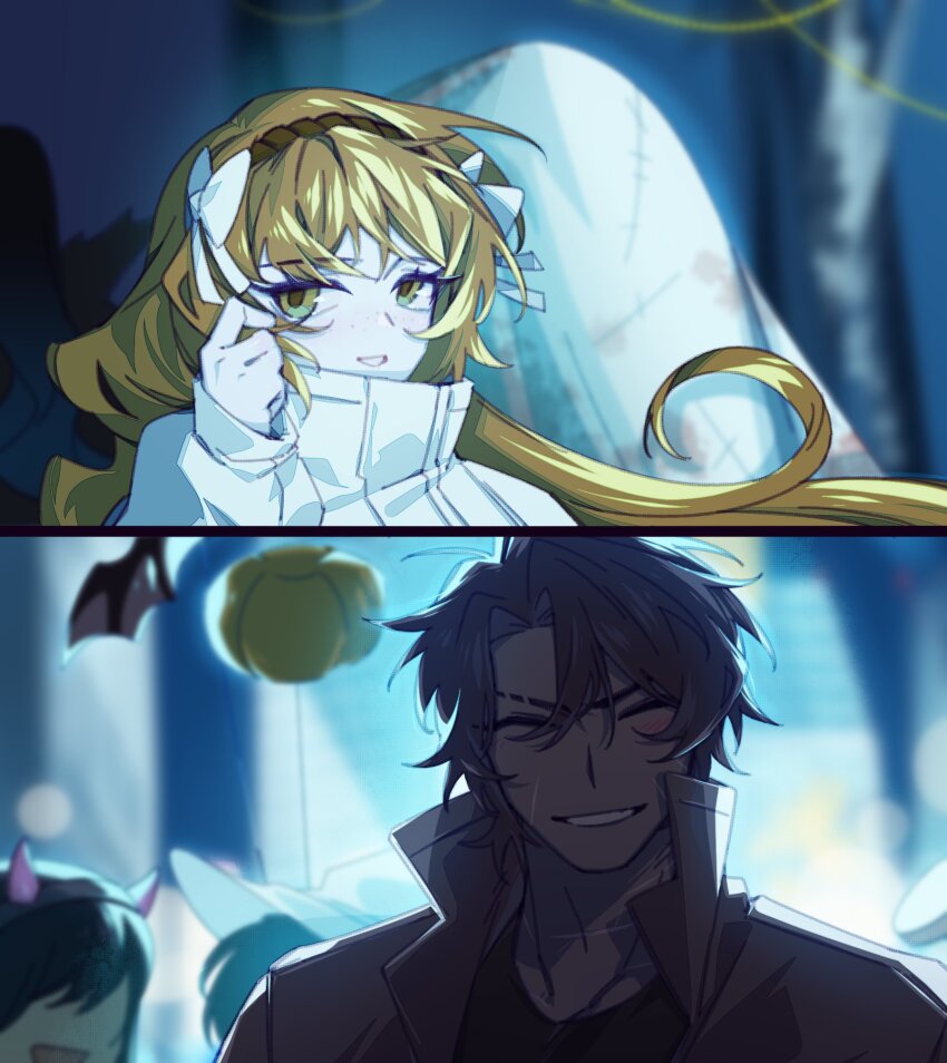 1boy 1girl 2others bow brown_hair brown_jacket closed_eyes dating green_eyes grin hair_bow hand_up heathcliff_(project_moon) highres ishmael_(project_moon) jacket limbus_company long_hair looking_at_viewer mercuryhx multiple_others open_mouth orange_hair parted_bangs project_moon sidelocks smile very_long_hair white_bow white_jacket zwei_south_(identity)_(project_moon)