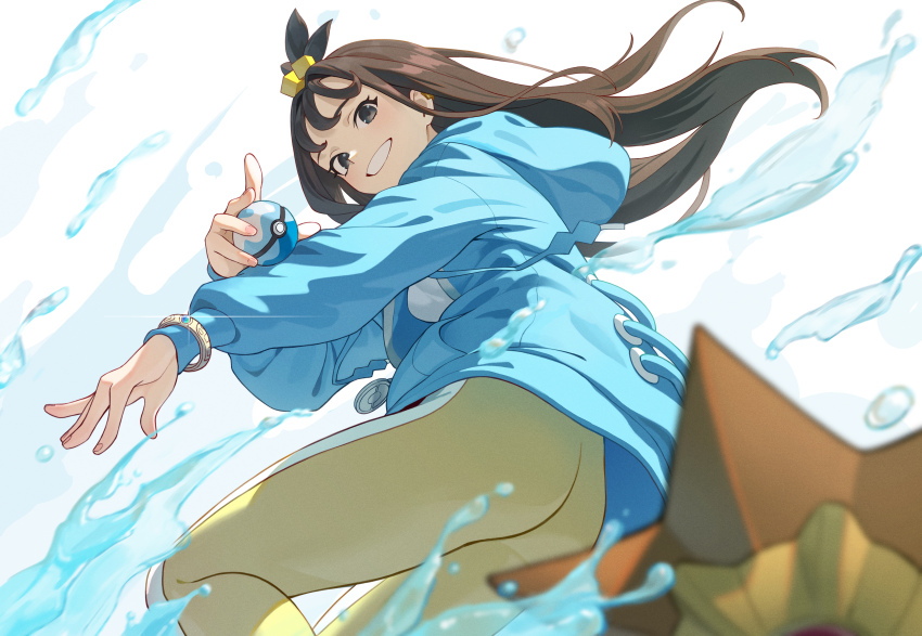 1girl absurdres ass blue_hoodie bracelet brown_hair commentary cube_hair_ornament dive_ball eyelashes gen_1_pokemon grin hair_ornament happy hepa highres holding holding_poke_ball hood hood_down hoodie jewelry leggings lida_(pokemon) long_hair nintendo poke_ball pokemon pokemon_(creature) pokemon_legends:_z-a sidelocks smile staryu teeth topknot water water_drop white_background