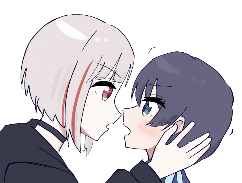 2girls black_choker black_jacket blue_eyes blue_hair blue_ribbon blue_sweater blush bob_cut choker commentary_request diagonal_bangs eye_contact face-to-face grey_hair hair_ornament hair_ribbon hand_on_another&#039;s_head highres hood hood_down hooded_jacket inverted_bob jacket link!_like!_love_live! long_hair long_sleeves looking_at_another love_live! low_twintails magu_(cv_mgmgcup) multicolored_hair multiple_girls murano_sayaka murano_sayaka_(summer_loungewear) open_mouth portrait profile red_eyes red_hair ribbon short_hair simple_background star_(symbol) star_hair_ornament streaked_hair sweater twintails virtual_youtuber white_background yugiri_tsuzuri yugiri_tsuzuri_(summer_loungewear)