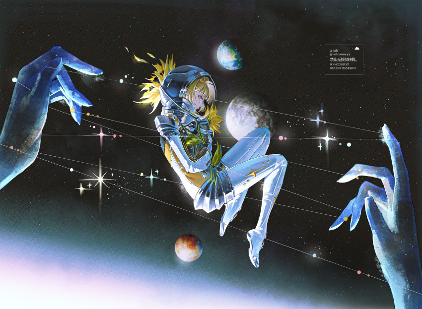 2girls absurdres blonde_hair blue_eyes chinese_commentary commentary_request earth_(planet) flower from_side helmet highres holding holding_flower kiperina light_particles mars_(planet) moon multiple_girls orbital_path oversized_limbs planet pov pov_hands profile reverse:1999 solar_system solo_focus space space_helmet spacesuit sparkle star_(sky) sunflower volcanoyyy voyager_(reverse:1999) yellow_flower