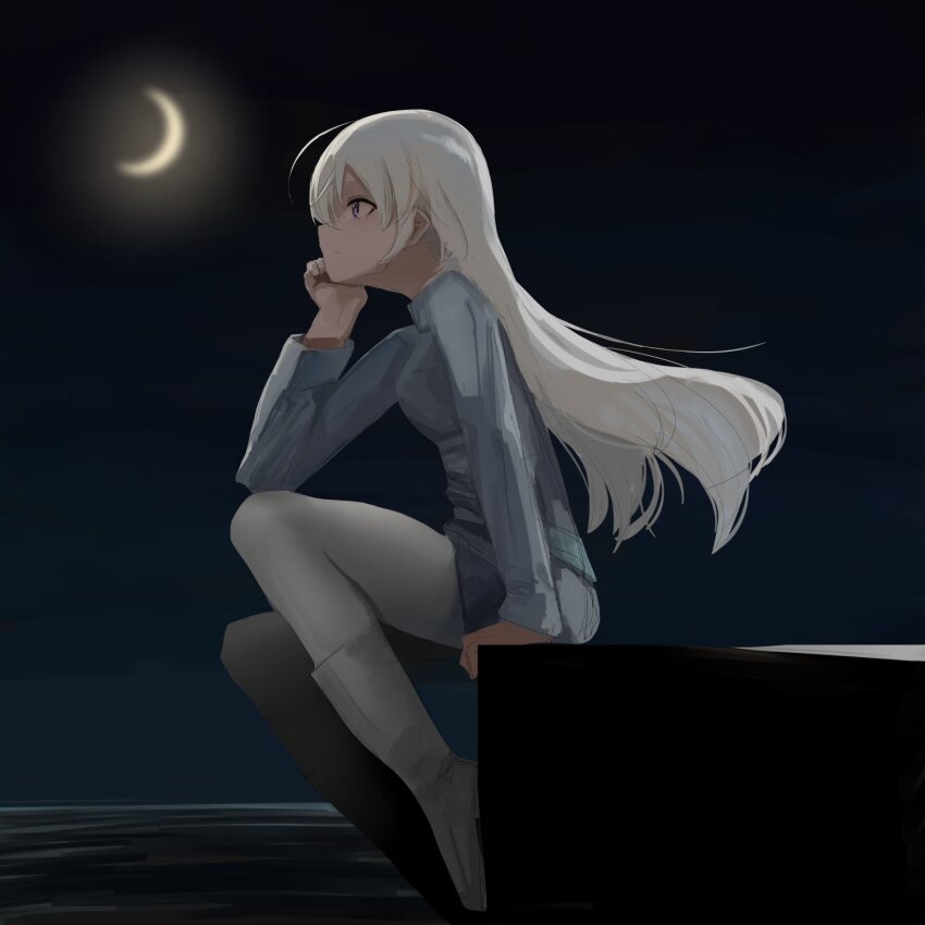 1girl artist_request blue_jacket boots crescent eila_ilmatar_juutilainen hand_on_own_chin highres jacket long_hair looking_afar military military_uniform moon night night_sky pantyhose sitting sky solo strike_witches white_boots white_hair white_pantyhose world_witches_series