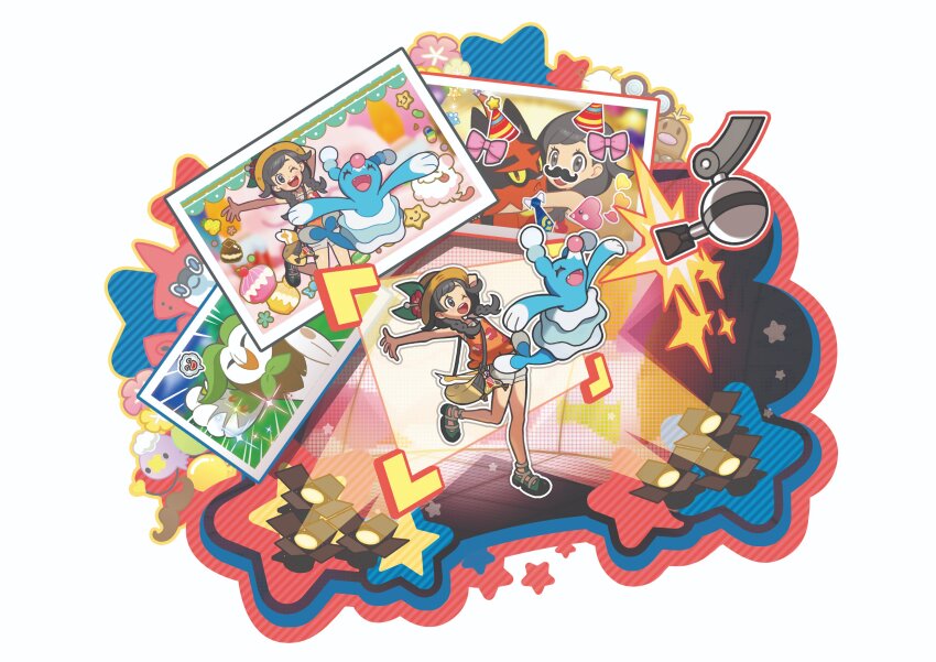 1girl :d ;d absurdres alolan_diglett alolan_form arm_behind_head artist_request bag berry_(pokemon) black-framed_eyewear blush blush_stickers bow braid brionne camera camera_flash colored_sclera commentary dartrix drifloon english_commentary facial_hair fangs flower gen_3_pokemon gen_4_pokemon gen_6_pokemon gen_7_pokemon glasses green_footwear grey_eyes grey_hair hat hat_flower highres hug jumping long_hair luvdisc multiple_views mustache nintendo official_art one_eye_closed open_mouth orange_shirt outline outstretched_arm party_hat photo_(object) pink_bow pink_flower poke_bean poke_puff pokemon pokemon_(creature) pokemon_usum red_flower rotom rotom_dex second-party_source selene_(pokemon) shirt shoulder_bag simple_background sitrus_berry sleeveless sleeveless_shirt smile sparkle spotlight standing standing_on_one_leg star_(symbol) starter_pokemon_trio sticker straw_hat swirlix teeth torracat twin_braids upper_teeth_only white_background white_flower white_outline yellow_bag yellow_flower yellow_sclera