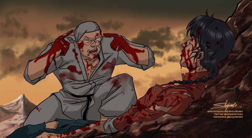 2boys angry artist_name black_hair blood braid chinese_clothes closed_eyes defeat father_and_son glasses highres injury invincible_(series) legs long_hair lying meme multiple_boys open_mouth pants parody ranma_1/2 saotome_genma saotome_ranma teeth thighs think_mark_think!_(meme) torn_clothes unconscious