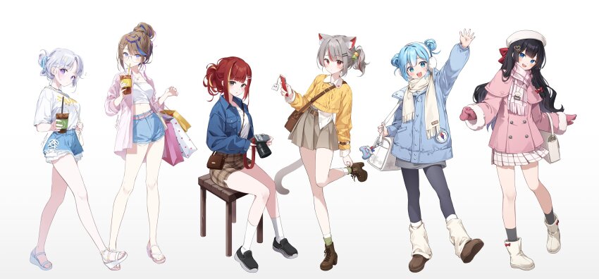 6+girls absurdres airi_kanna akane_lize animal_ears arahashi_tabi arm_up ayatsuno_yuni bag belt black_eyes black_hair black_pantyhose blue_eyes blue_hair blue_jacket blue_shorts blue_skirt boots breasts brown_hair brown_skirt buttons cable_knit camera cat_ears cat_tail chromatic_aberration closed_mouth cowboy_shot crop_top crop_top_overhang cropped_sweater cross-shaped_pupils cup denim denim_jacket denim_shorts denim_skirt disposable_cup double-breasted double_bun earmuffs folded_ponytail fringe_trim glasses grey_hair grey_skirt hair_bun hair_ornament handbag hat high-waist_shorts high-waist_skirt highres holding holding_camera holding_cup holding_phone ika_(4801055) jacket jewelry large_breasts leg_up long_hair long_sleeves looking_at_viewer medium_breasts midriff miniskirt mittens multicolored_hair multiple_girls navel necklace neneko_mashiro open_clothes open_jacket open_mouth pantyhose parted_bangs parted_lips phone pink_jacket pink_mittens plaid_clothes plaid_skirt pleated_skirt ponytail purple_eyes red_eyes red_hair round_eyewear scarf shirayuki_hina shirt shirt_tucked_in shopping_bag short_shorts shorts shoulder_bag simple_background sitting skirt smile socks stellive streaked_hair sweater symbol-shaped_pupils tail thighs undershirt virtual_youtuber white_background white_hair white_hat white_scarf white_shirt white_skirt wing_collar yellow_sweater