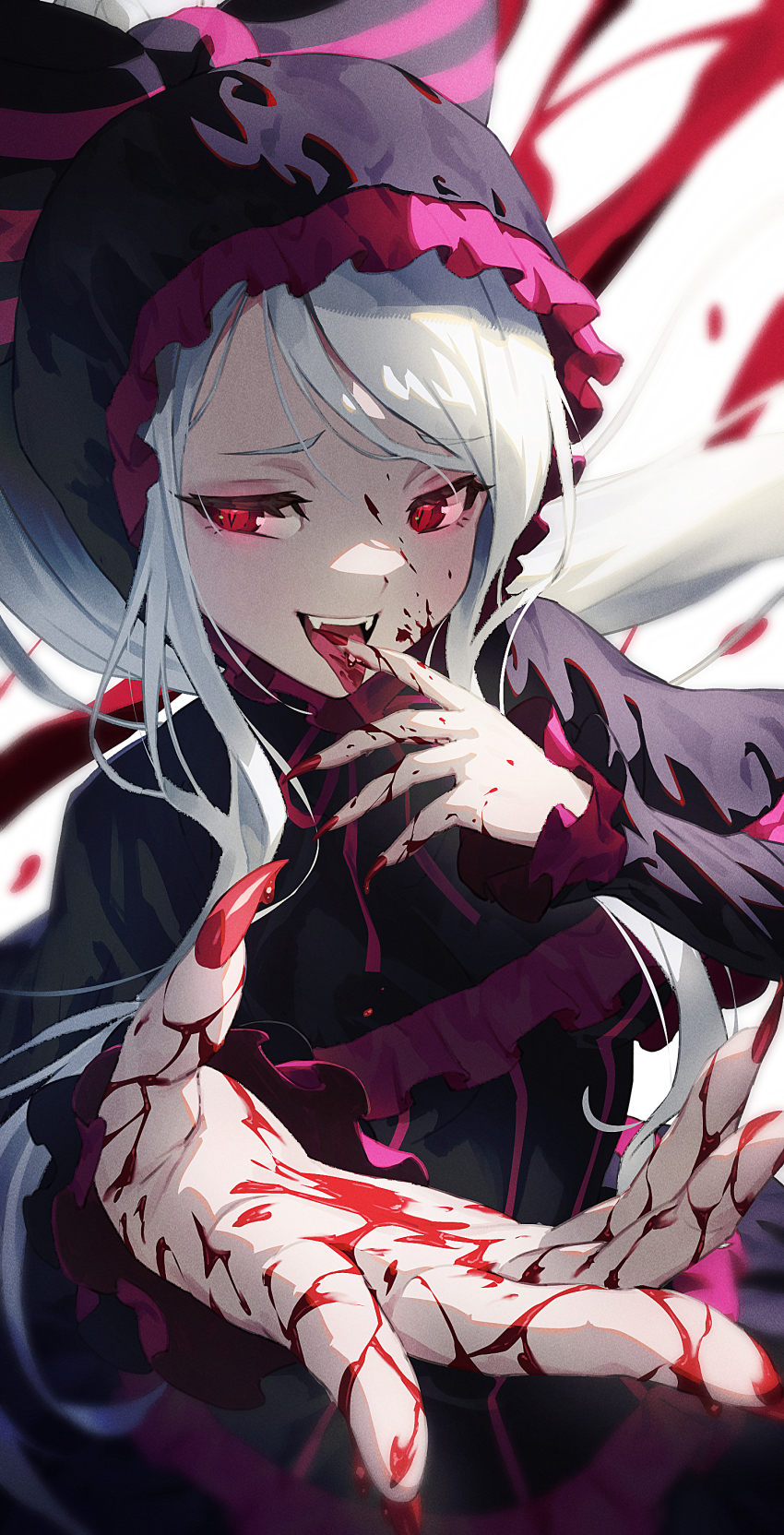 1girl :d absurdres blood blood_on_hands blush chyko eyeliner fangs fingernails highres long_hair makeup open_mouth overlord_(maruyama) red_eyes red_nails shalltear_bloodfallen sharp_fingernails smile solo teeth tongue tongue_out white_hair