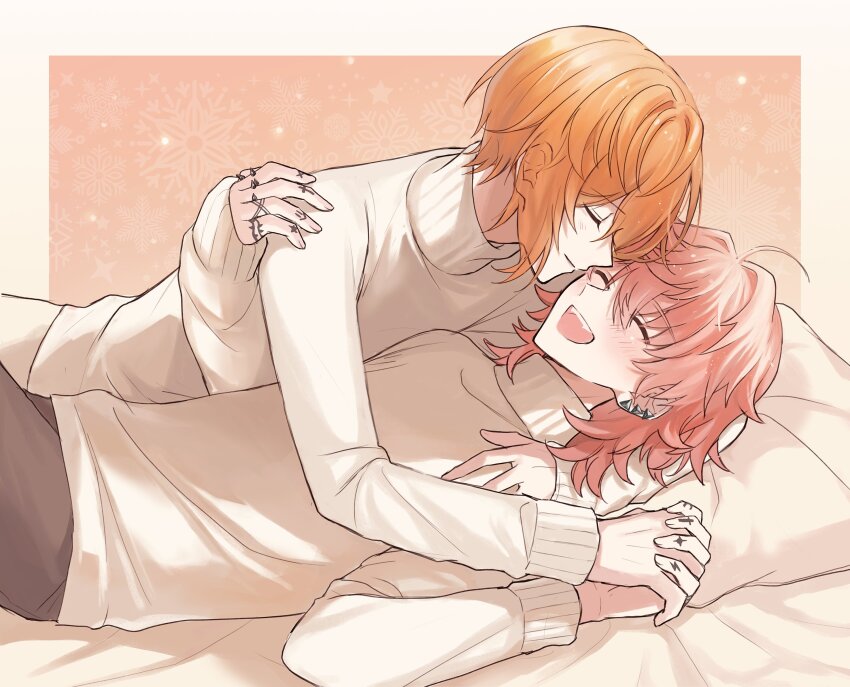 2boys absurdres blush brown_pants closed_eyes closed_mouth earrings highres jewelry long_sleeves lying male_focus miyama_kei multiple_boys multiple_earrings on_back open_mouth orange_hair pants paradox_live pillow pink_hair rokuta_(paradox_live) short_hair sis_0001 smile sweater turtleneck white_sweater
