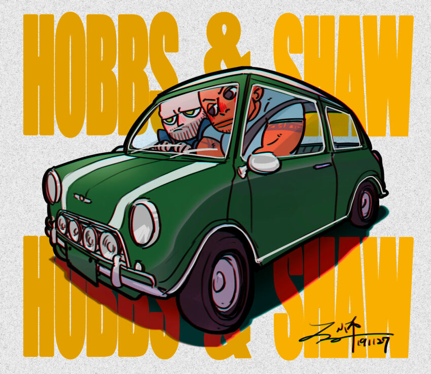 2boys arm_tattoo bald blue_shirt car chibi copyright_name driving facial_hair fast_&amp;_furious frown highres hobbs_&amp;_shaw leaning_to_the_side lucas_hobbs miajus mini_cooper motor_vehicle multiple_boys muscular muscular_male owen_shaw shadow shirt signature stubble tattoo the_fast_and_the_furious vehicle_focus yellow_eyes