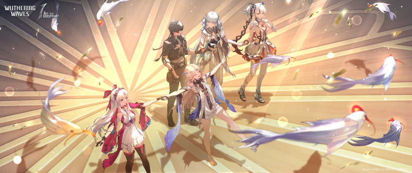 1boy 4girls absurdres black_boots black_collar black_dress black_flower black_gloves black_hair black_jacket black_pants blake_bloom_(wuthering_waves) blonde_hair boots bow breasts camellya_(wuthering_waves) carlotta_(wuthering_waves) cartethyia_(wuthering_waves) closed_eyes coat collar collared_jacket commentary copyright_notice crown_of_thorns dress english_commentary flower from_above gloves grey_shirt hair_bow hair_flower hair_ornament hair_vines hand_grab hand_up highres jacket jinhsi_(wuthering_waves) logo long_hair looking_at_another male_rover_(wuthering_waves) medium_breasts multiple_girls official_art open_clothes open_jacket open_mouth pants pantyhose pink_bow pink_jacket pink_thighhighs rover_(wuthering_waves) sandals shirt short_hair sideless_dress single_leg_pantyhose sleeves_rolled_up smile tabard thigh_boots thighhighs thighhighs_under_boots white_coat white_collar white_dress white_hair white_pantyhose white_tabard wuthering_waves