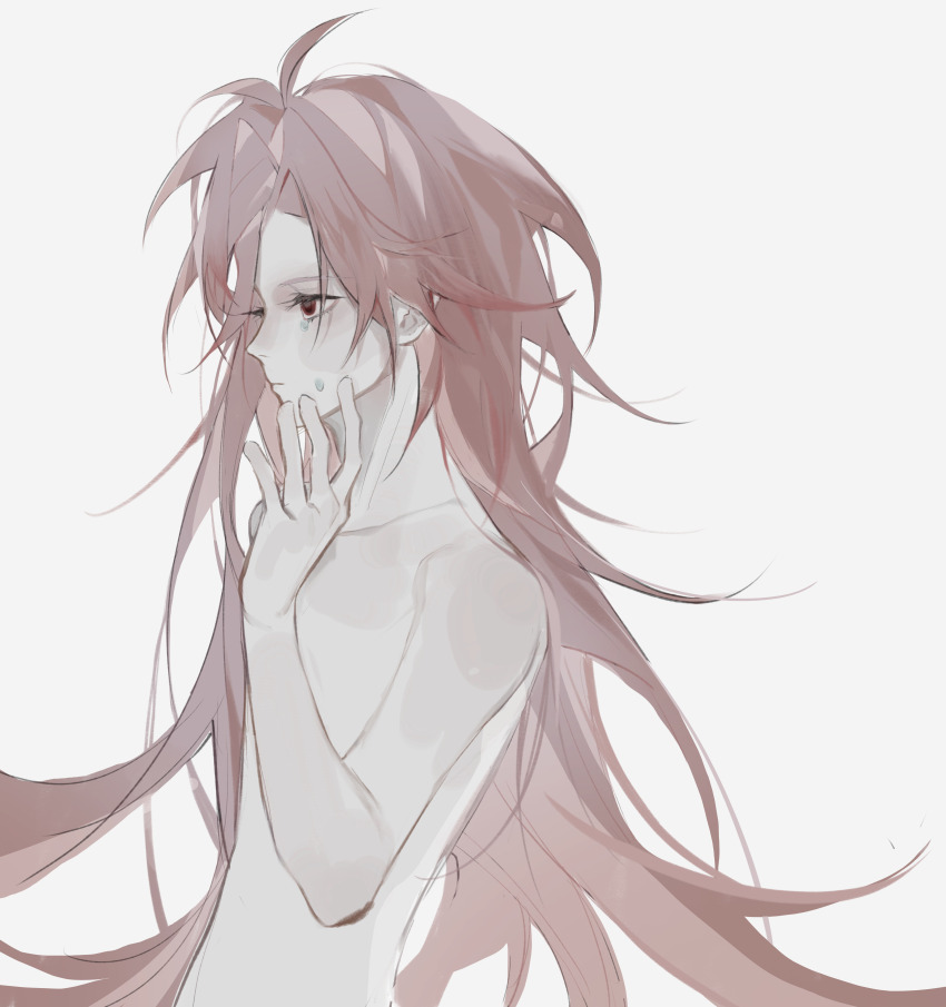 1boy absurdres ahoge c8h11o2n chinese_commentary closed_mouth collarbone commentary_request completely_nude crying crying_with_eyes_open grey_background hand_on_own_cheek hand_on_own_face hatsutori_hajime highres long_hair male_focus messy_hair nude pale_skin pink_hair red_eyes saibou_shinkyoku simple_background solo tears upper_body variant_set very_long_hair