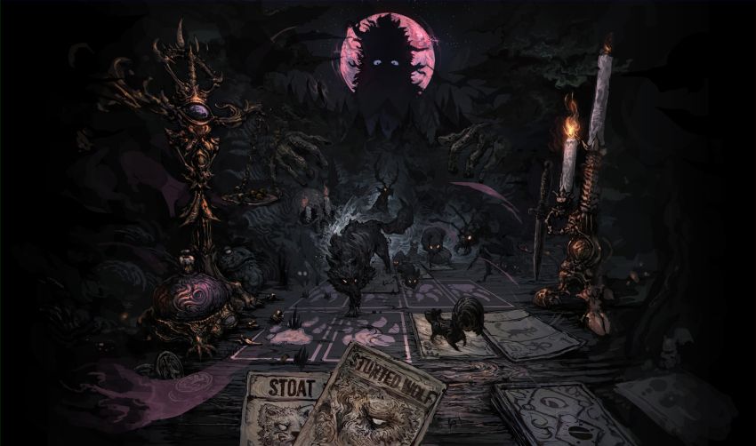 1boy ant balance_scale bell black_eyes bug candle candlelight candlestand card card_game carpet_crawler cat cliff coin cover coyote dagger dark deer elk ermine forest full_moon gold_teeth hands_up highres hill horror_(theme) huge_moon inscryption insect knife leshy_(inscryption) long_hair looking_at_viewer male_focus messy_hair moon moonlight mountain mouse_(animal) nature night night_sky official_art one-eyed one_eye_closed outdoors playing_card playing_games scar scar_across_eye scar_on_face shade shaded_face shadow skull sky squirrel stoat_(inscryption) stunted_wolf_(inscryption) table teeth tree video_game_cover weapon weasel weighing_scale wolf
