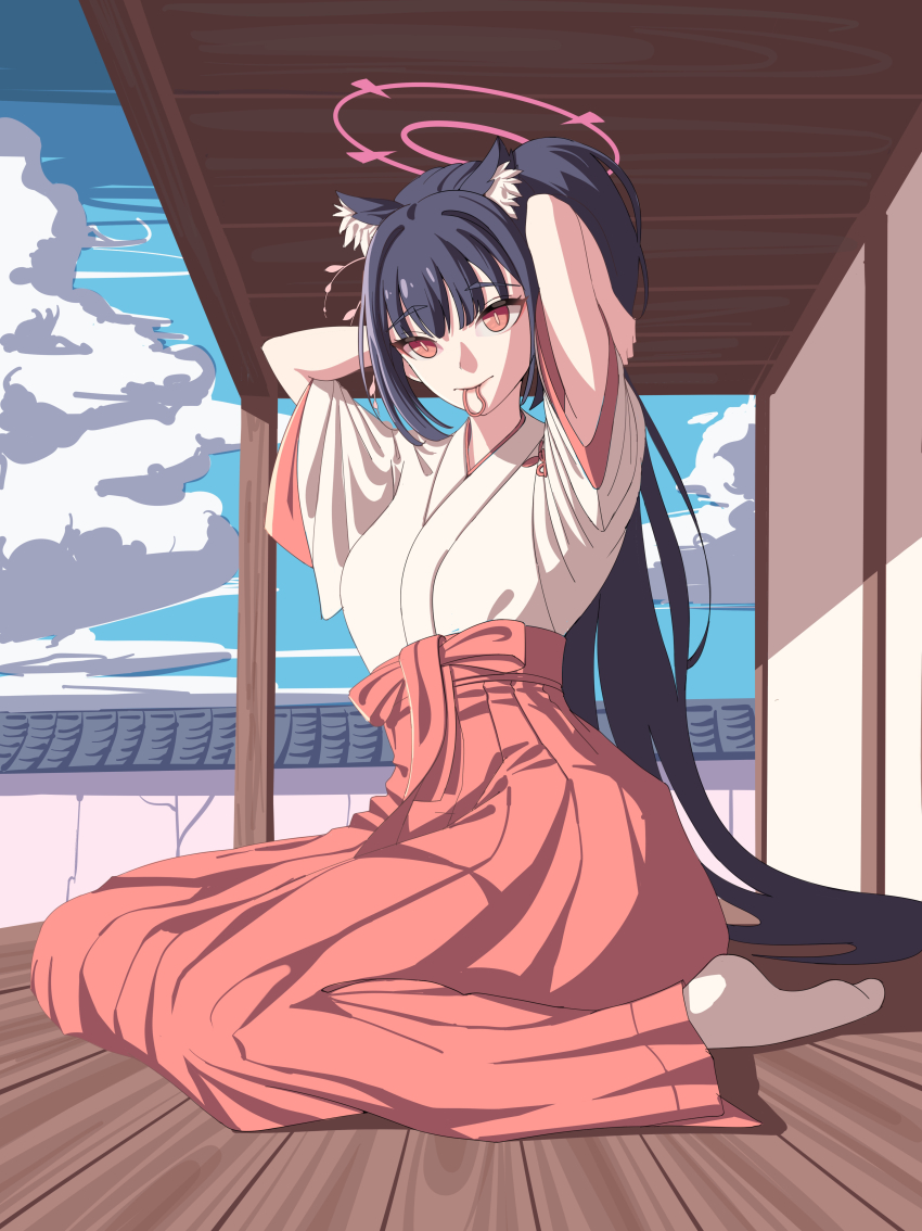 1girl absurdres animal_ear_fluff animal_ears black_hair blue_archive cat_ears cat_girl chojja closed_mouth hair_tie_in_mouth hakama highres holding holding_own_hair japanese_clothes kimono long_hair mouth_hold official_alternate_costume official_alternate_hairstyle red_eyes red_hakama seiza serika_(blue_archive) serika_(new_year)_(blue_archive) short_sleeves sidelocks sitting smile socks solo tying_hair white_kimono white_socks