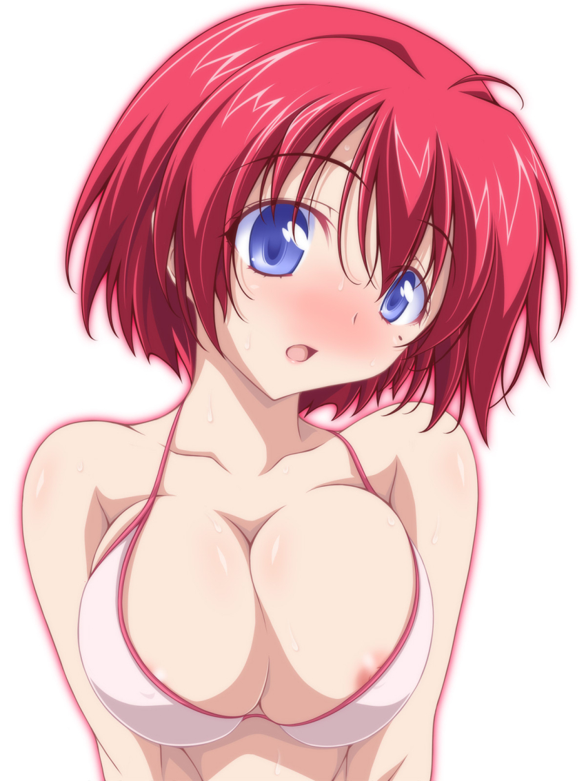1girl :o areola_slip bikini blue_eyes blush breasts cleavage commentary_request halterneck head_tilt highres hinomoto_hikari kikuchi_tsutomu large_breasts looking_at_viewer mole mole_under_eye open_mouth pink_bikini red_hair short_hair simple_background solo sweat swimsuit tokimeki_memorial tokimeki_memorial_2 upper_body white_background