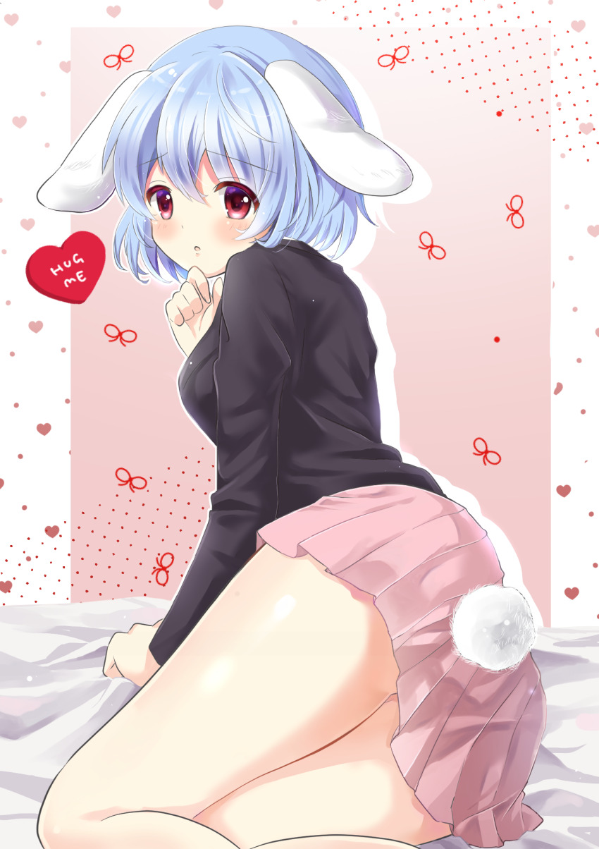 1girl animal_ears black_jacket blue_hair blush border breasts commentary_request english_text feet_out_of_frame from_behind hair_between_eyes hand_on_own_chin hand_up heart heart_background highres jacket long_sleeves looking_at_viewer looking_back medium_breasts miniskirt momorika on_bed open_mouth outside_border pink_background pink_skirt pleated_skirt polka_dot polka_dot_background rabbit_ears rabbit_girl rabbit_tail red_eyes red_ribbon reisen_(touhou_bougetsushou) ribbon short_hair sitting skirt solo tail touhou white_border