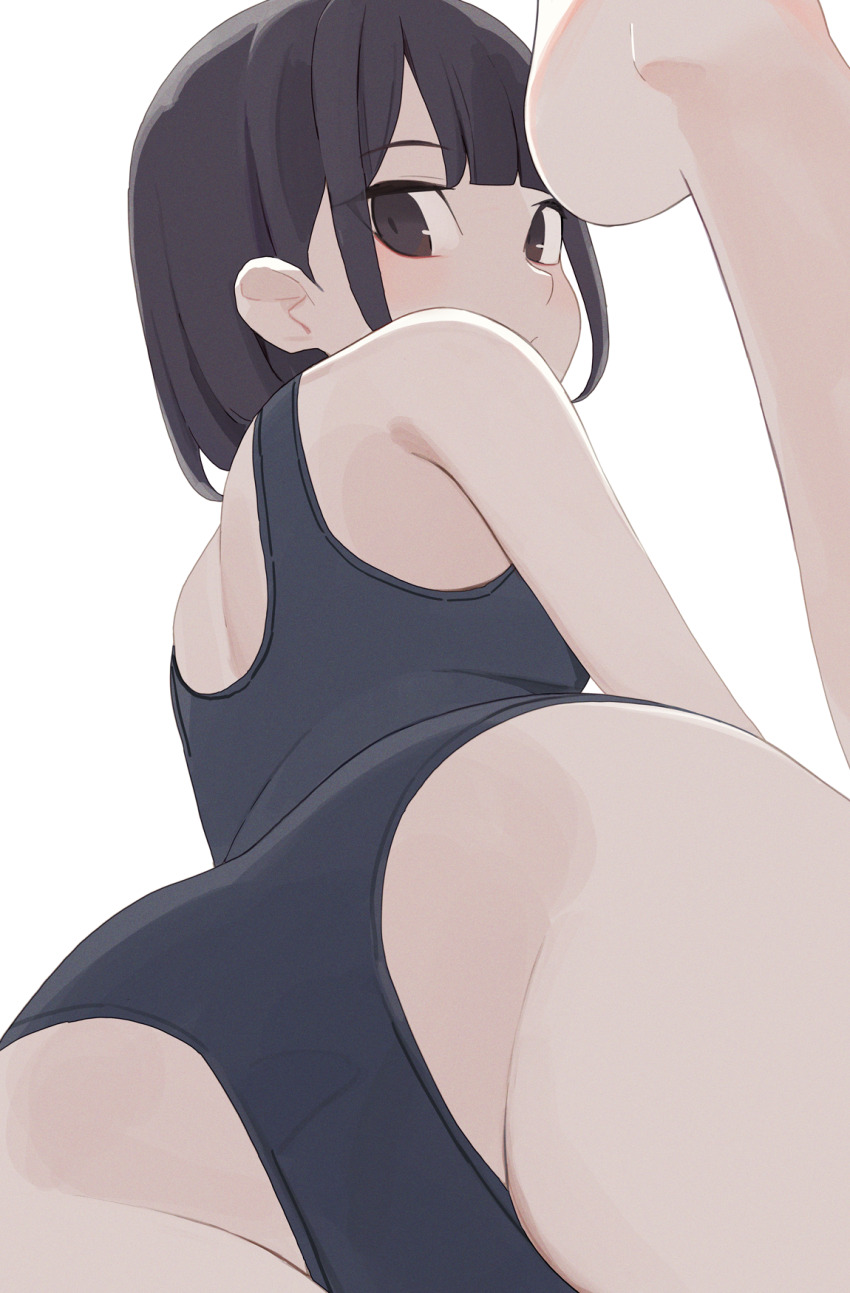 1girl ass barefoot black_eyes black_hair black_one-piece_swimsuit commentary from_behind highres hiroki_(yyqw7151) looking_at_viewer looking_back one-piece_swimsuit original short_hair simple_background solo swimsuit white_background