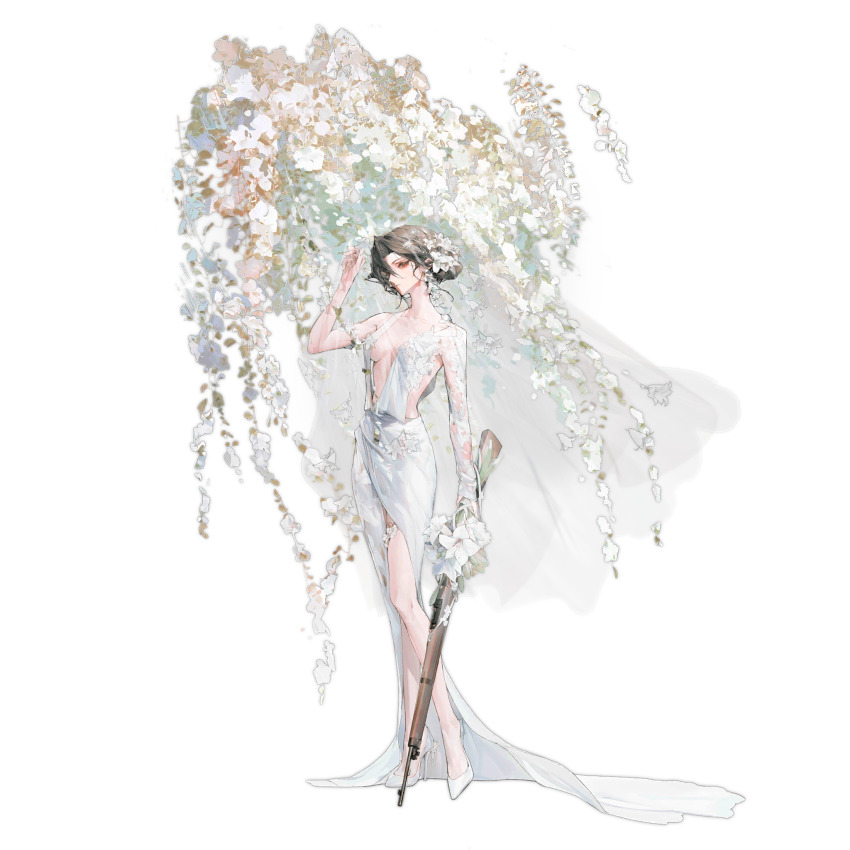 1girl black_hair breasts bridal_veil center_opening closed_mouth clothing_request dress expressionless flower flower_request flower_thigh_strap full_body girls&#039;_frontline gun hair_flower hair_ornament hair_over_one_eye hand_up hanging_flower high_heels highres holding holding_gun holding_weapon km2o4 long_dress looking_at_viewer medium_breasts mondragon_m1908_(girls&#039;_frontline) mondragon_m1908_(magnolia_wonderland)_(girls&#039;_frontline) mondragon_rifle official_alternate_costume official_art red_eyes shoes simple_background solo standing third-party_source transparent_background veil weapon wedding_dress white_dress white_flower white_shoes