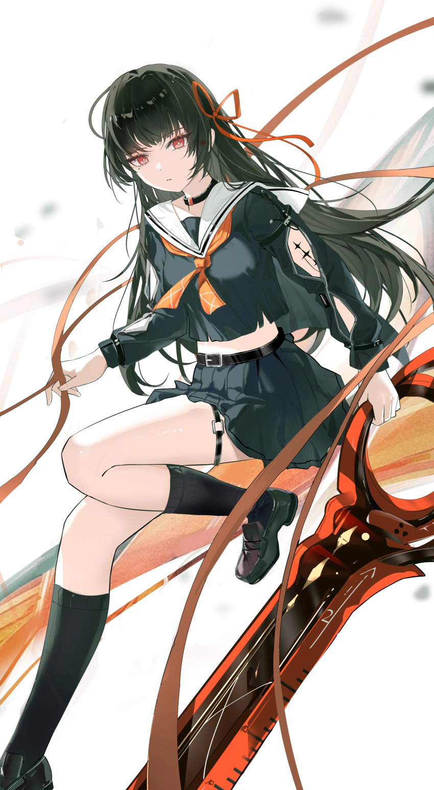 1girl absurdres arm_cutout belt black_belt black_choker black_hair black_serafuku black_shirt black_skirt black_socks breasts brown_shoes chisa_(wuthering_waves) choker closed_mouth clothing_cutout hair_ribbon highres holding holding_sword holding_weapon loafers long_hair long_sleeves looking_at_viewer medium_breasts midriff missing_commentary mole mole_under_eye neckerchief o-ring o-ring_thigh_strap red_eyes red_neckerchief red_ribbon ribbon sailor_collar school_uniform serafuku shirt shoes skirt socks solo sword tacet_mark_(wuthering_waves) thigh_strap weapon white_sailor_collar wuthering_waves xiao_ye_zi_de_kuai_le