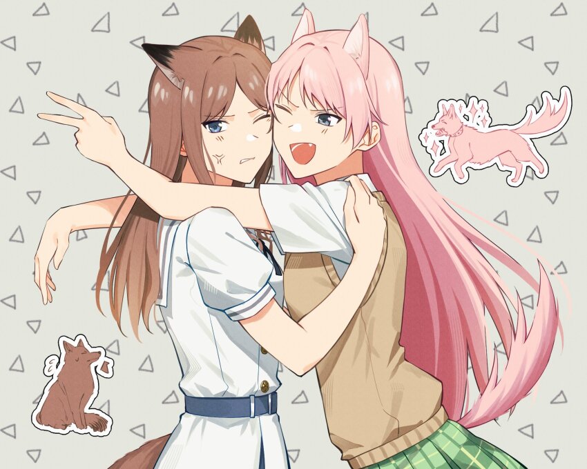 2girls age_difference anger_vein animal_ears bang_dream! bang_dream!_it&#039;s_mygo!!!!! belt blue_belt blue_eyes blush brown_hair brown_sweater_vest chihaya_anon commentary dog_ears dog_girl dog_tail dress fang green_skirt grey_eyes haneoka_school_uniform highres hug kemonomimi_mode long_hair multiple_girls nagasaki_soyo onee-shota open_mouth pink_hair plaid_clothes plaid_skirt pleated_skirt school_uniform shirt short_sleeves sidelocks skirt sweater_vest symbol-only_commentary tail thea01010 tsukinomori_school_uniform white_dress white_shirt yuri