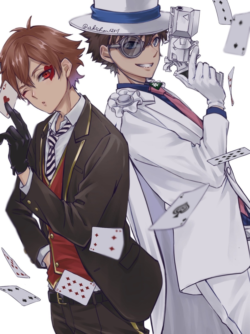 2boys ace_trappola black_gloves brown_hair cape card character_request commentary_request copyright_request cowboy_shot formal_clothes gloves gun hand_on_own_hip highres holding holding_card holding_gun holding_weapon looking_at_viewer male_focus multiple_boys night_raven_college_uniform one_eye_closed playing_card red_eyes school_uniform short_hair simple_background suit twisted_wonderland ukichan12011 weapon white_background white_suit