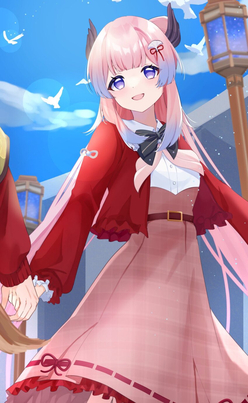 1boy 1girl black_bow black_bowtie blush bow bow-shaped_hair bowtie breasts dress genshin_impact gorou_(genshin_impact) gorou_(sushiro)_(genshin_impact) gradient_hair hair_ornament highres jacket long_hair looking_at_viewer marufus multicolored_hair open_mouth pink_hair pink_skirt purple_eyes purple_hair red_jacket sangonomiya_kokomi sangonomiya_kokomi_(sushiro) skirt smile very_long_hair white_dress