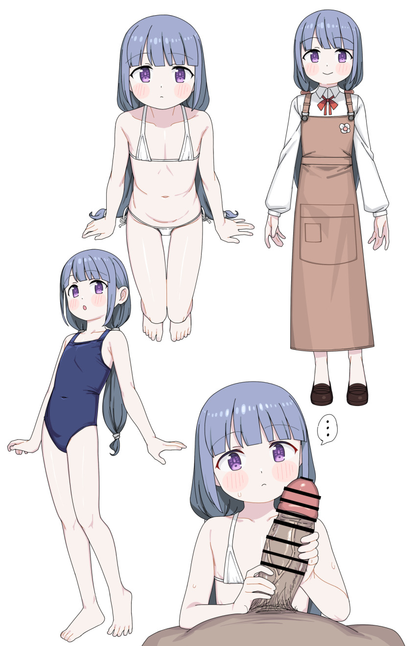 1boy 1girl :o apron bar_censor barefoot bikini blue_hair blue_one-piece_swimsuit blush censored erection expressionless flat_chest full_body handjob highres long_hair looking_at_viewer low_twintails multiple_views navel one-piece_swimsuit original penis purple_eyes saiste side-tie_bikini_bottom smile swimsuit thigh_gap twintails white_background white_bikini
