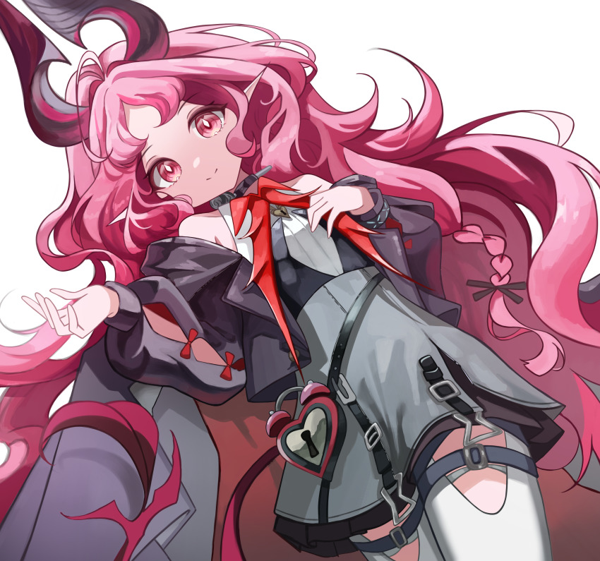 1girl absurdres arknights black_jacket bow bowtie bright_pupils commentary cowboy_shot demon_girl demon_horns demon_tail from_below grey_vest hand_on_own_chest highres horns infection_monitor_(arknights) jacket jewelry locket long_hair looking_at_viewer looking_down mixed-language_commentary nymph_(arknights) pendant pink_eyes pink_hair pointy_ears red_bow red_bowtie simple_background smile solo soo5 tail thighhighs very_long_hair vest wavy_hair white_background white_pupils white_thighhighs