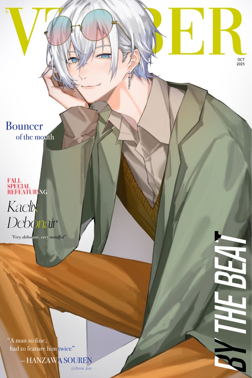 1boy blue_eyes closed_mouth collared_shirt earrings glasses hair_between_eyes hand_on_own_cheek hand_on_own_face highres hnzw_kun jewelry kaelix_debonair long_sleeves looking_at_viewer male_focus multicolored_eyes nijisanji nijisanji_en shirt short_hair sitting smile solo virtual_youtuber white_background white_hair