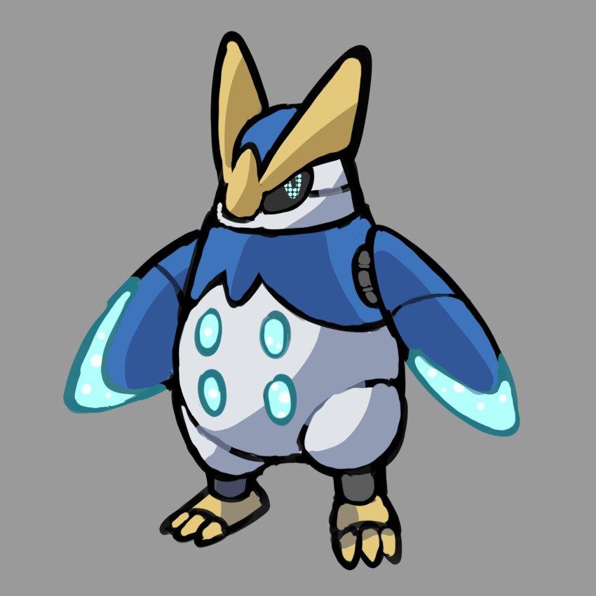 absurdres adoptable black_sclera blue_eyes colored_sclera commentary english_commentary fakemon full_body gen_4_pokemon grey_background highres nintendo no_humans non-humanoid_robot original pixel_eyes pokemon pokemon_(creature) pokemon_focus prinplup rgreywind robot robot_animal simple_background solo standing