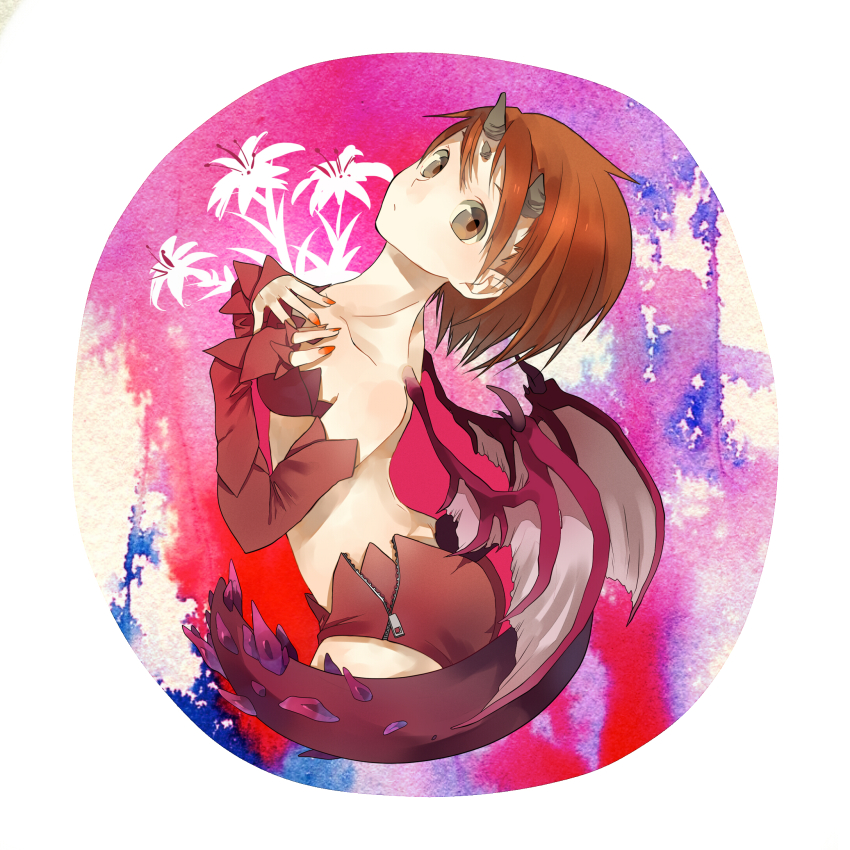 brown_eyes brown_hair demon_girl flower gloves hero highres horns open_mouth shinra_p short_hair shorts tail wings