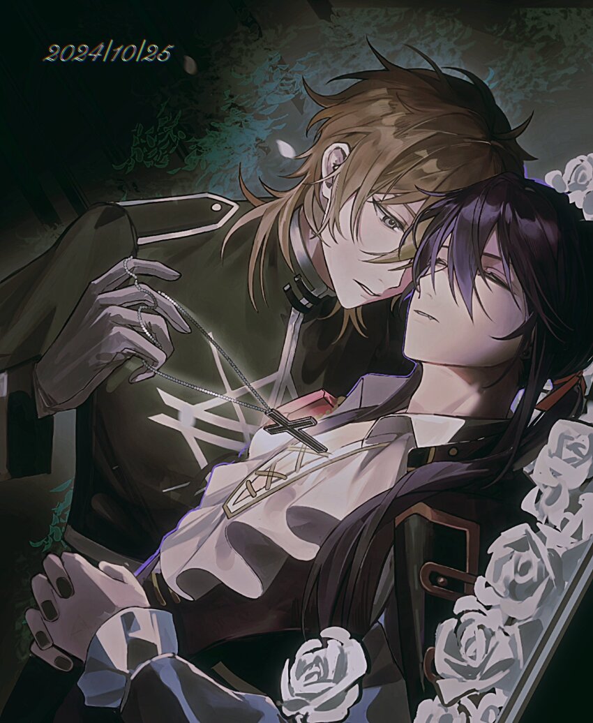 2boys adam&#039;s_apple bed_of_roses black_background black_nails black_robe blonde_hair closed_eyes collared_shirt cross cross-laced_clothes cross-laced_slit cross-laced_top cross_necklace dated ensemble_stars! fang flower frilled_shirt frilled_sleeves frills gloves hair_between_eyes hair_over_shoulder hair_ribbon hakaze_kaoru halloween_costume heads_together high_collar highres jacket jacket_on_shoulders jewelry kanzaki_souma latin_cross long_hair long_sleeves looking_at_another low_ponytail male_focus multiple_boys nail_polish necklace official_alternate_costume own_hands_clasped own_hands_together parted_lips pectoral_cleavage pectorals ponytail priest puffy_long_sleeves puffy_sleeves purple_hair red_ribbon ribbon robe rose ru_kosin scarlet_halloween_(ensemble_stars!) shirt vampire_costume white_flower white_gloves white_rose white_shirt yaoi yellow_eyes