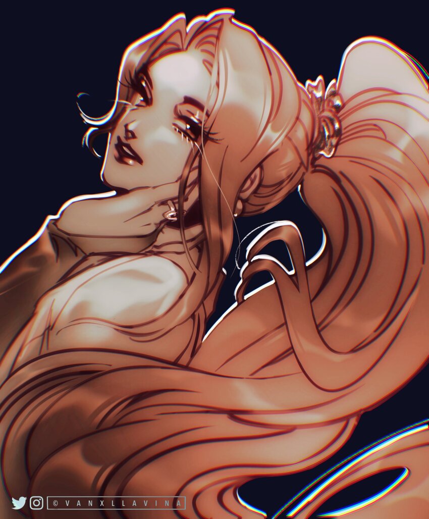1girl black_background bridal_gauntlets chromatic_aberration eyelashes highres instagram_logo instagram_username jewelry looking_at_viewer parted_lips ponytail ring sage_(valorant) sidelocks simple_background solo twitter_logo twitter_username valorant vanxllavina
