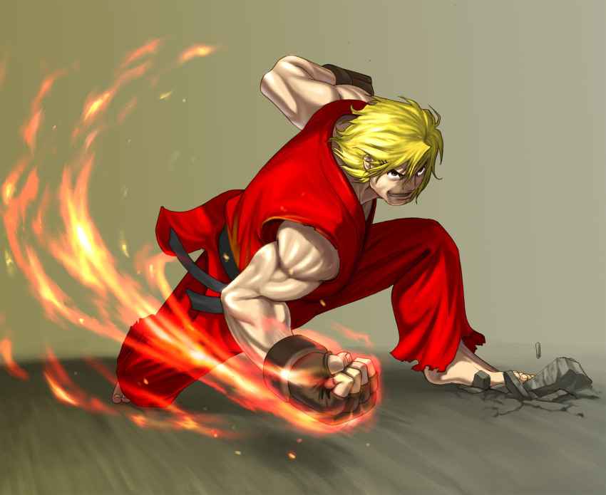 1boy blonde_hair capcom dougi fire ground_shatter highres kazue ken_masters male_focus muscular punching shouryuuken smile solo street_fighter uppercut