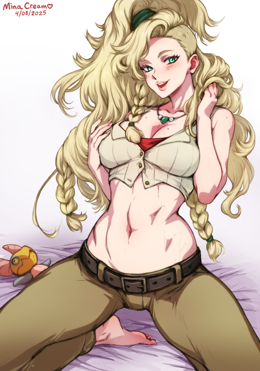 1girl aqua_eyes artist_name blonde_hair breasts cleavage freckles gemma_(monster_hunter_wilds) highres long_hair looking_at_viewer midriff mina_cream monster_hunter_(series) monster_hunter_wilds pants solo yellow_pants