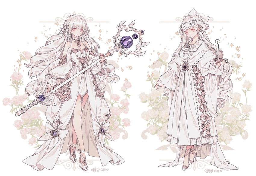 1girl alternate_costume bare_shoulders blunt_bangs bow braid braided_sidelocks breasts candle candlestand cleavage commentary commission dress embroidery floral_background flower frilled_dress frilled_sleeves frills full_body gem gold_embroidery grey_eyes hair_bow high_heels holding holding_candlestand holding_staff lemon89h medium_breasts multiple_hair_bows multiple_views original pink_flower pink_nails purple_gemstone rococo_movement shoes sleeves_past_wrists solo staff standing wavy_hair white_bow white_dress white_flower white_hair white_shoes