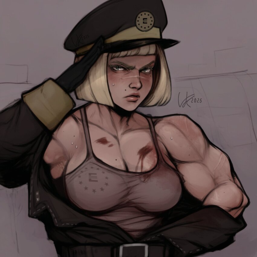 1girl 2025 armpit_hair belt black_gloves blonde_hair blood blush bob_cut enclave_(fallout) fallout gloves green_eyes hat highres looking_at_viewer military_hat military_uniform mole mole_above_mouth mole_under_eye muscular muscular_female nosebleed salute scar scar_on_arm solo sweat tank_top undressing vankraut