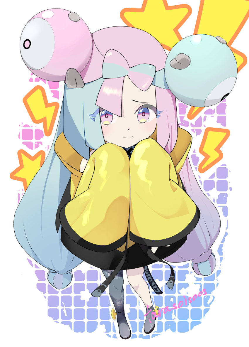absurdres character_hair_ornament fake_hair_bun grey_pantyhose hair_ornament hexagon_print highres iono_(pokemon) jacket long_hair low-tied_long_hair multicolored_hair nintendo oversized_clothes pantyhose pokemon pokemon_sv single_leg_pantyhose sleeves_past_fingers sleeves_past_wrists split-color_hair tarasoisoos two-tone_hair very_long_sleeves yellow_jacket