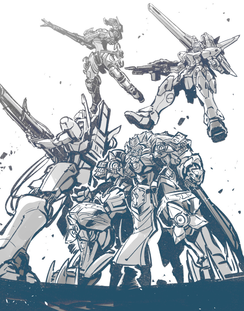absurdres arm_cannon clenched_hand crossover flying gordoleo greyscale gun gundam highres holding holding_gun holding_weapon juusenki_l-gaim kato_takuji knight&#039;s_&amp;_magic l-gaim looking_up majestic_prince mecha mobile_suit monochrome multiple_crossover no_humans open_hands robot science_fiction super_robot_wars super_robot_wars_30 v-fin v2_gundam victory_gundam visor weapon yellow_four