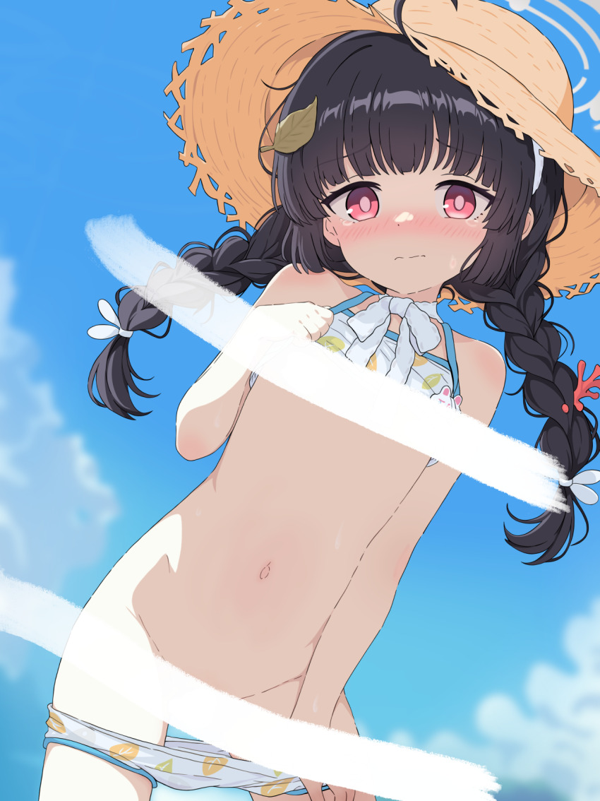 1girl ahoge arm_at_side bar_censor bikini bikini_bottom_pull bikini_top_lift black_hair blue_archive blue_sky blunt_bangs blush braid censored closed_eyes clothes_lift contrapposto coral day dot_nose dutch_angle embarrassed grey_halo groin halo hat highres leaf leaf_on_head leaf_print loli looking_at_viewer miyu_(blue_archive) miyu_(swimsuit)_(blue_archive) navel nude official_alternate_costume official_alternate_hairstyle print_bikini red_eyes shishiejo_(sisieho1) sky solo split_mouth standing straw_hat swimsuit tearing_up twin_braids