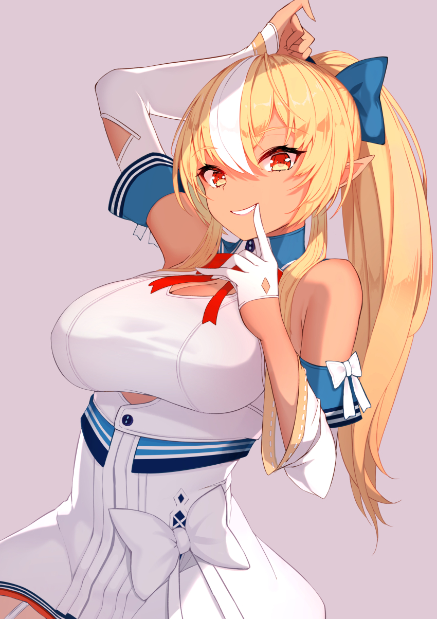 1girl absurdres bare_shoulders blonde_hair bow breasts cleavage dark-skinned_female dark_skin detached_sleeves dress elf gloves grin hair_bow half_gloves high_ponytail highres hololive large_breasts long_hair looking_at_viewer multicolored_hair orange_eyes pointy_ears ponytail shiranui_flare shiranui_flare_(1st_costume) sidelocks smile solo streaked_hair thighs virtual_youtuber white_dress white_gloves yuruto