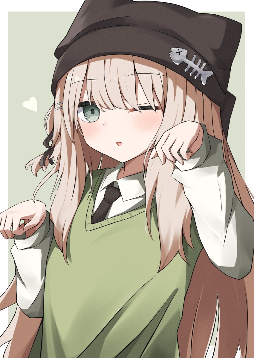 1girl absurdres animal_ear_headwear animal_ears animal_hat beanie black_necktie blonde_hair blush border cat_hat collared_shirt fake_animal_ears green_background green_eyes hair_ornament hair_ribbon hairclip hat heart highres kipfel_(vrchat) long_hair long_sleeves looking_at_viewer necktie one_eye_closed open_mouth paw_pose retumaru_berry ribbon shirt simple_background solo sweater_vest upper_body vest vrchat white_border white_shirt