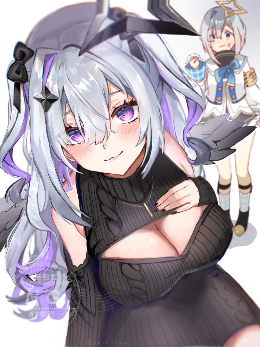 2girls amane_kanata amane_kanata_(1st_costume) amane_konata angel angel_wings aran_sweater black_nails black_ribbon black_sweater breasts cable_knit cleavage cleavage_cutout closed_mouth clothing_cutout cropped_jacket diamond_hair_ornament fumina_natamin hair_ribbon halo hand_on_own_chest highres hololive jacket large_breasts looking_at_viewer meme_attire multiple_girls nail_polish purple_eyes ribbon siblings sisters small_breasts smile star_halo sweater turtleneck turtleneck_sweater twins virgin_killer_sweater virtual_youtuber white_jacket wings